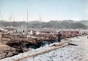 New Images May Prints: Boats tied up in Kobe harbour, Japan, circa 1890. Date: circa 1890