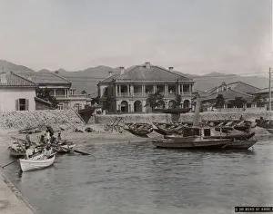 Bund Prints: Boats on the waterfront along the bund of Kobe, Japan
