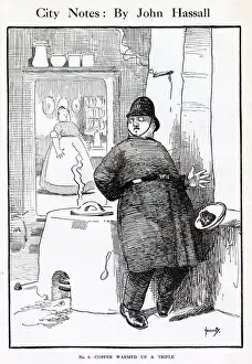 Burnt Prints: A bobby on the beat, who has stopped to enjoy a bit of pie from a friendly cook in one