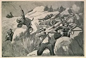 Lithography Prints: Boer guerrilla commando shooting against English