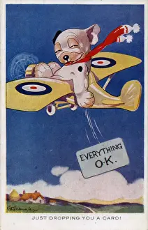 Bonzo in an aeroplane dropping a card