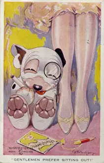 Bonzo sitting by a ladys legs