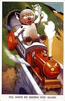 Bonzo sitting on a train