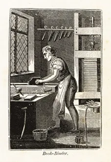Mallet Prints: Book-binder planing a book block in a bindery