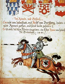 Pike Prints: Book of the Tournament. Knight on horseback and armed with s