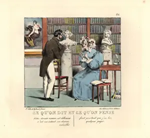 Bookish woman in a library talking to an author