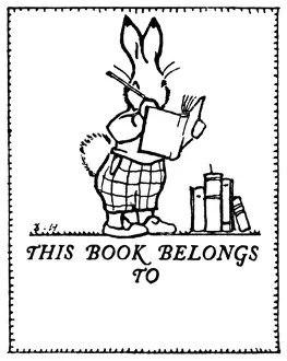 Ownership Prints: Bookplate design, rabbit and books