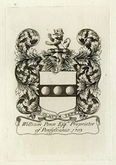 1700s Prints: Bookplate of William Penn, founder of Pensylvania, USA
