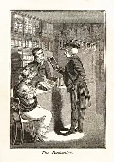 Labor Prints: Bookseller showing titles to customers in a Regency bookshop