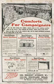 Adverts Gallery: Boots - Comforts for Campaginers advertisement, WWI