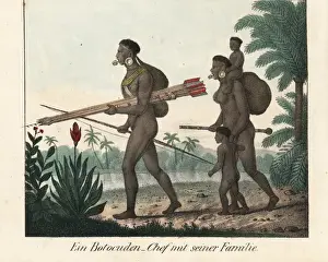 Botocudo chief and woman with blowpipe, Eastern Brazil