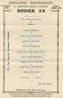 Boulogne Restaurant Dinner Menu - Gerrard Street, London