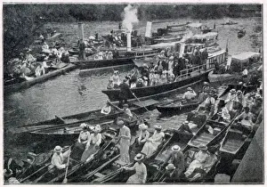 Boaters Prints: Boulters Lock - on Ascot Sunday, waiting their turn outside Boulter s. Date: 1901