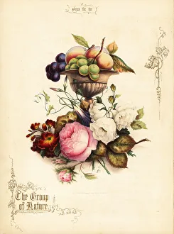Grapes Prints: Bouquet of roses with grapes and peaches in vase