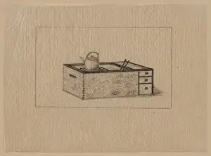 Tea Pot Prints: Box (stove) with drawers, open at top showing grill or hibac