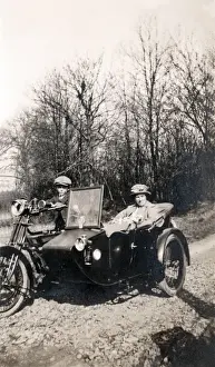 Sidecar Prints: Boy on 1920 Royal Enfield motorcycle combination with passen
