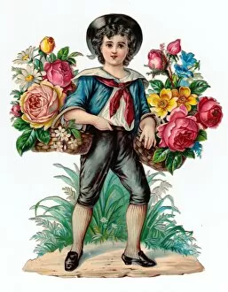 Images Dated 2nd November 2015: Boy with baskets of flowers on a Victorian scrap