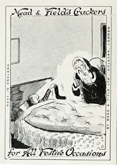 Cracker Prints: Boy in bed shaking empty stocking for Santa