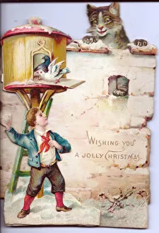 Cold Gallery: Boy with cat and birds on a cutout Christmas card