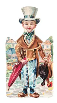 Boy with chickens and umbrella on a cutout greetings card