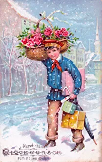 Boy delivering presents on a German New Year postcard