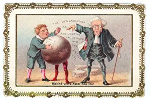 Pills Prints: Boy with doctor and pudding on a comic New Year card