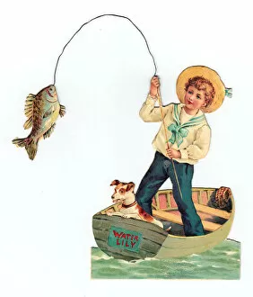 Images Dated 17th May 2018: Boy and dog in a boat on a cutout greetings card