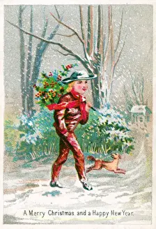 Boy and dog with holly on a Christmas card