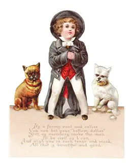 Boy with two dogs on a cutout New Year card