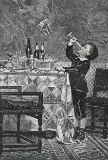 Trough Gallery: Boy drinking up champagne from a feast