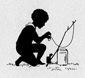 Boy with fishing rod & jar