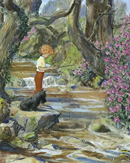 Angling Gallery: Boy fishing in stream by Muriel Dawson