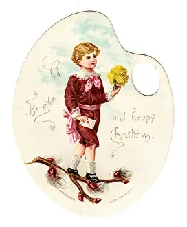 Boy with flowers on a palette-shaped Christmas card