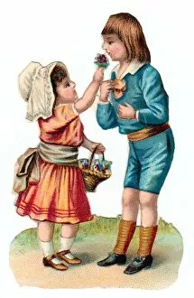 Images Dated 5th November 2015: Boy and girl with a basket of flowers on a Victorian scrap