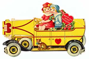 Images Dated 18th June 2018: Boy and girl in a car on a cutout Valentines card