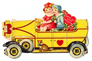 Images Dated 18th June 2018: Boy and girl in a car on a cutout Valentines card