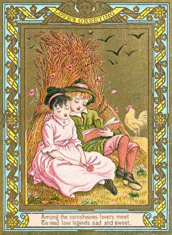 Sheaf Collection: Boy and girl with corn sheaves on a romantic greetings card