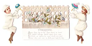 Cutout Prints: Boy and girl with floral trellis on a cutout Christmas card