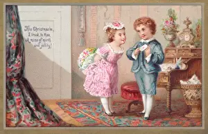 Bunches Prints: Boy and girl with flowers and card on a Christmas card