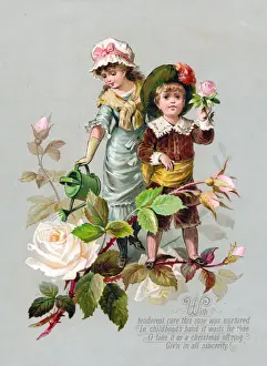 Buds Prints: Boy and girl with flowers on a Christmas card