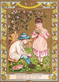 Boy and girl with flowers on a romantic greetings card