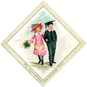 Schoolboy Prints: Boy and girl going for a walk on a Christmas card