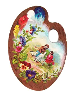 Boy and girl with lambs on a palette-shaped greetings card