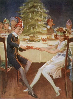 Images Dated 12th January 2021: Boy and girl in paper hats pull a cracker at the party table Date: circa 1929
