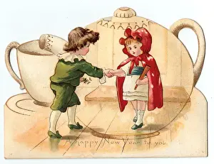 Boy and girl shaking hands on a New Year card