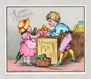 Boy and girl in a shop on a Christmas card