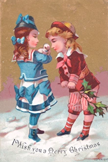 Images Dated 28th October 2015: Boy and girl in the snow on a Christmas card