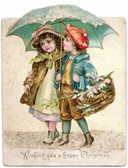 Images Dated 28th October 2015: Boy and girl in the snow on a Christmas card