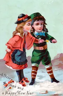 Boy and girl in the snow on a Christmas card