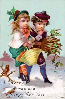 Boy and girl in the snow on a Christmas card